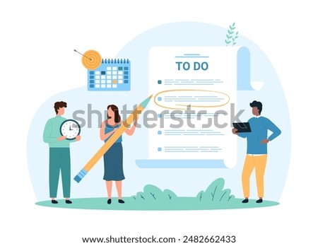 Planning and management of business tasks in to go list. Tiny people highlight checklist item with pencil, check survey or exam form, schedule and notes on paper sheet cartoon vector illustration