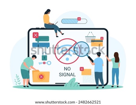 Internet offline, weak or no online network signal. Tiny people with magnifying glass examine warning error message of bad wireless connection on tablet screen, access lock cartoon vector illustration