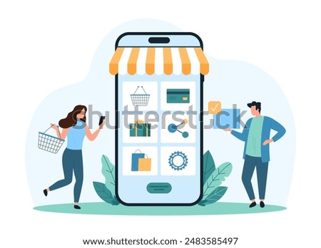 Online shopping with mobile app. Tiny people choose gifts in category and retail shop menu on huge smartphone screen, customers with cart buy goods on sales with phone cartoon vector illustration