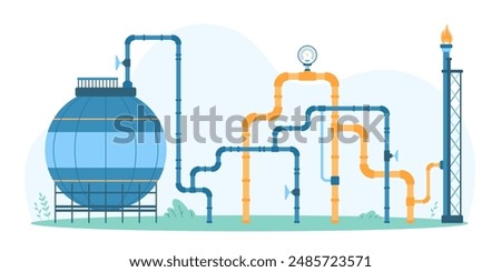 Gas industry concept featuring interconnected pipes, a storage tank, and a flare stack, illustrating the infrastructure of gas production and processing vector illustration.