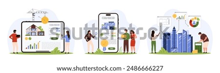 Real estate search, purchase and rental service set. Tiny people buy house for sale with help of agent holding key, choose location of building construction to invest cartoon vector illustration