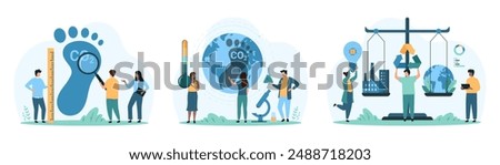 Carbon dioxide footprint, environmental pollution set. Tiny people measure big CO2 foot with ruler, thermometer and chemical test tube, research balance of emissions cartoon vector illustration