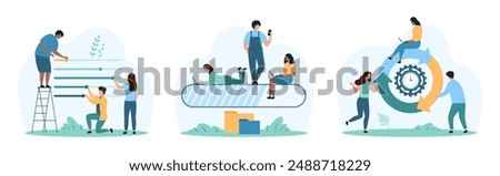 Status bar of loading progress in digital website UI. Tiny people wait time of data download and update process with round and line indicator charts, slide toggles cartoon vector illustration