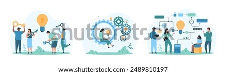 Business problem solving, productivity of solution set. Tiny people unlock access with key, moving gears mechanism with effective work, connect light bulb and tasks chart cartoon vector illustration