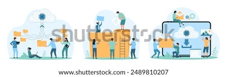 Cloud data storage service set. Tiny people put digital document in folder, work with cloud directory and network of archives, download and transfer information for sharing cartoon vector illustration