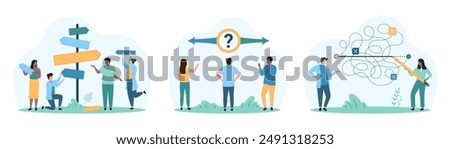 Making decision, answer to question choice set. Tiny people choose right or left path on crossroads with arrows, draw shortcut line with pencil to solve complicated problem cartoon vector illustration