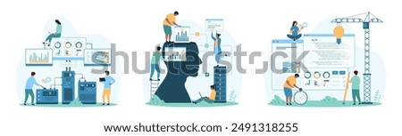 Automated data analysis management, computing service, coding with AI and software set. Tiny people work with artificial brain to analyze charts and write program code cartoon vector illustration