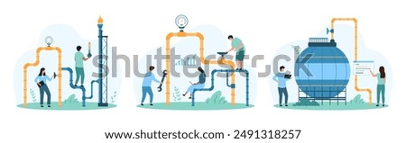 Gas station inspection, engineering set. Tiny people control gas flow and storage with chart and settings, engineers check safety of container, pipe and valve for leaks cartoon vector illustration