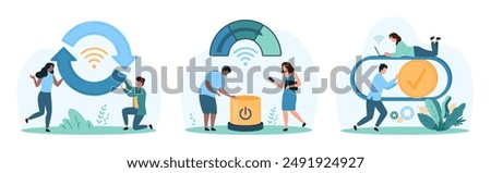 Control settings set. Tiny people move slider with check mark to activate mobile application, push power button to connect to wifi hotspot, start update with spin arrows cartoon vector illustration