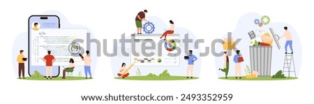 Research, analysis and removal of data set. Tiny people delete files in trash bin, search light bilb idea in code with magnifying glass, work on digital information report cartoon vector illustration