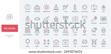 Christianity and Buddhism, Islam and Judaism religion line icons set. Religious prayer and temple, holy book and Islamic calendar, praying hands thin black and red outline symbols vector illustration