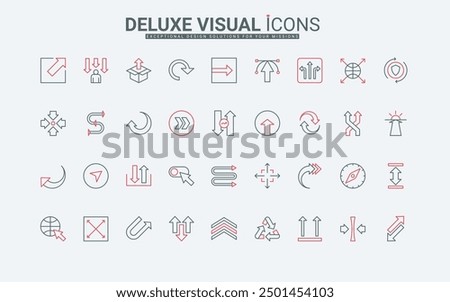 Arrow line icons set. Traffic signs to update and transfer data, exchange and repeat, rotate movement, increase and decrease business expand thin black and red outline symbols vector illustration