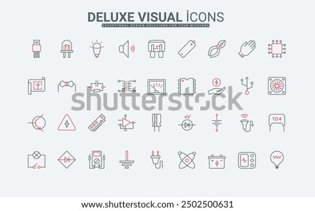 Electronic components, parts and electricians equipment line icons set. Hardware elements and circuit, device to measure voltage and current thin black and red outline symbols vector illustration