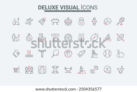 Fitness, active healthy lifestyle and equipment line icons set. Outdoor sport training and exercises in gym, yoga meditation and bodybuilding thin black and red outline symbols vector illustration