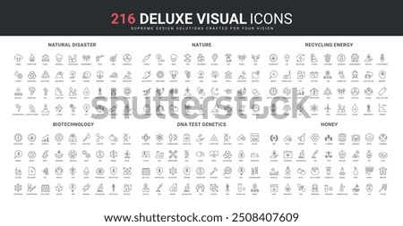 Medical lab and biotech research, genetics, recycling technology in industry and power energy line icon set. Nature protection, climate change, disasters thin black outline symbols vector illustration