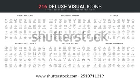 Business intelligence and decision of company growth, idea investment and trading line icon set. Up down and scaling arrows, smart project startup thin black outline symbols vector illustration