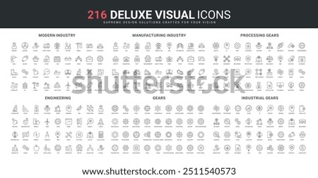 Modern chemistry and manufacturing, metal gears, toolbox of repair and support service line icon set. Industrial improvement process and engineering thin black outline symbols vector illustration