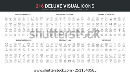 Business process and contract, document approval and law guarantee line icon set. Legal protection of ideas, authors portfolio, copyright and blogging thin black outline symbols vector illustration