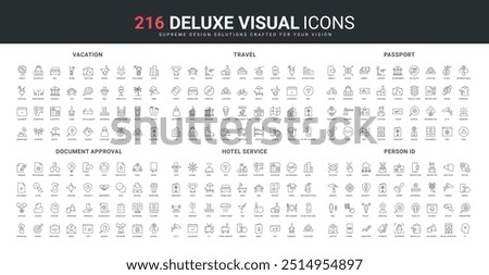 Passport and person ID, travel and vacation cruise with attractions line icon set. Comfort hotel service, instruction to approve document, ideas thin black outline symbols vector illustration