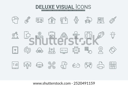 Electronic devices thin black outline symbols collection, computer and laptop, phone, tablet, robot vacuum cleaner vector illustration. Smart equipment with using AI line icons set.