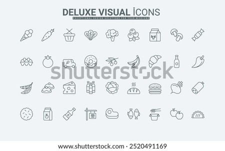 Food list of basket to buy in supermarket, meat, fish, fresh fruit, vegetables, dairy product package, and bread thin black outline symbols vector illustration. Grocery line icons set.