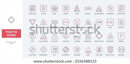 Traffic signs line icon set. Warning road signs for driver to stop, notify bus, airport and gas station, pay attention to turn and intersection thin black and red outline symbols vector illustration