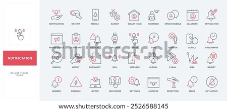 Notification bell and alert messages for attention to event, settings and action line icon set. Warning sign, email subscription, critical error thin black and red outline symbols vector illustration