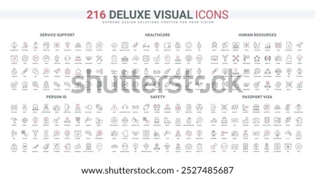 Support service, healthcare, passport line icon set. Safety protection, company staff rotation and HR management, health check, electronic visa thin black and red outline symbols vector illustration