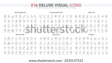 Cloud computing, database security and information transfer, science documents and research line icon set. Biotechnology, lab robot and computer thin black and red outline symbols vector illustration