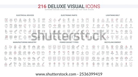 Recycling and ESG, manufacturing and industry, electrical devices, renewable energy line icon set. Electricity bolt and attention symbols, socket types thin black and red outline vector illustration