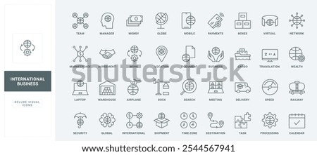 Search for services for payment, delivery and marketplace warehouse, meeting calendar and agreement thin black outline symbols vector illustration. International business line icons set.