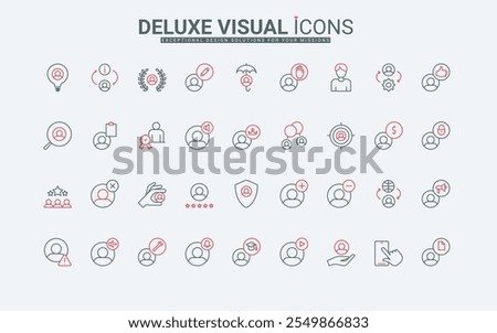 User profile and account circle avatars warning signs, system setup line icon set. Tick of data accept and alert issue, person search and likes thin black and red outline symbols vector illustration