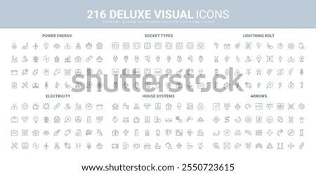 Electricity, socket and plug types, smart system line icon set. Lightning bolt signs of electric power, energy and warning, download and motion arrow thin black outline symbols vector illustration