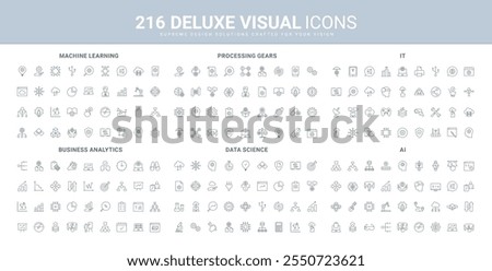 AI technology for science information processing and business analytics automation line icon set. Machine learning, artificial intelligence efficiency thin black outline symbols vector illustration