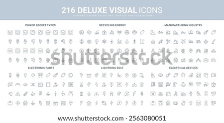 Industry, transportation and manufacturing, electricians equipment and parts, devices line icon set. International socket and plug types, lightning bolt thin black outline symbols vector illustration