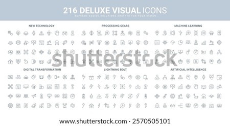 Machine learning algorithm, artificial intelligence technology, lightning bolt strike line icon set. Automatic process and gears, data structure thin black outline symbols vector illustration