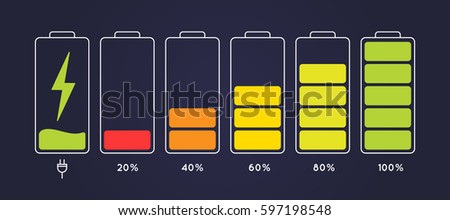 Discharged and fully charged battery smartphone.  Set of battery charge level indicators.  Icon  isolated on black background. Vector infographic.
