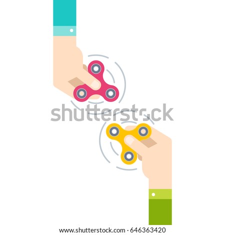 Two hands holding popular fidget spinner toy, stress relief. Flat style vector illustration