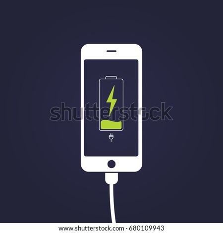 Mobile smartphones charging on black background. Phone with a low battery charge and with USB connection.  Flat style vector illustration