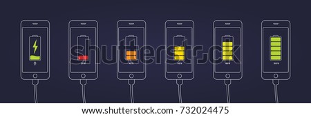 Discharged and fully charged battery smartphone. Set of smartphones with  battery charge level indicators and with USB connection.. Icon isolated on black background. Vector infographic.