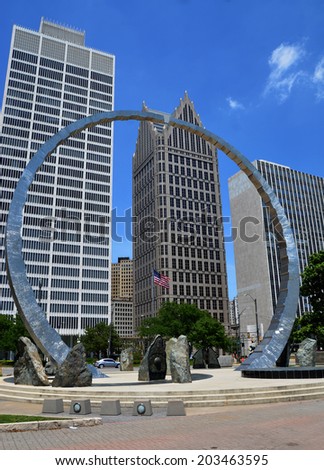 DETROIT, MI - JULY 6: Transcending, a sculpture in Hart Plaza in downtown Detroit shown here on July 6, 2014, commemorates American labor.