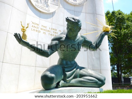 DETROIT, MI - JULY 6: The Spirit of Detroit monument in Detroit, MI, shown here on July 6, 2014, was featured in a 2011 Chrysler 200 Super Bowl commercial.