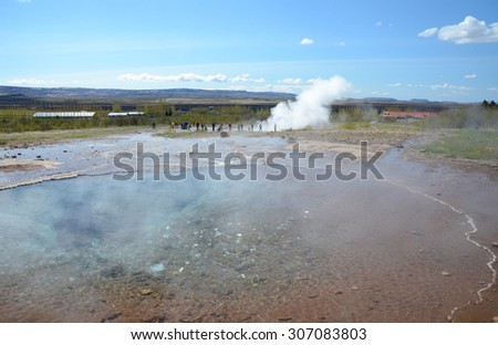 GEYSIR, ICELAND - JUN 14:  The main geyser in Geysir, Iceland, shown here on June 14, 2015 from a nearby hot spring, has been active for over 10,000 years.