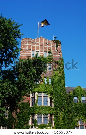 University of Michigan Union tower with M flag