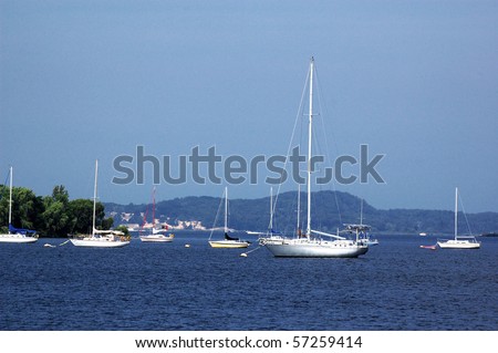 Many moored boats near shore near Muskegon, Michigan