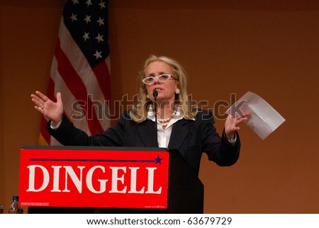 ANN ARBOR, MI - OCTOBER 24: Debbie Dingell speaks in support of husband Congressman John Dingell of Michigan at a \