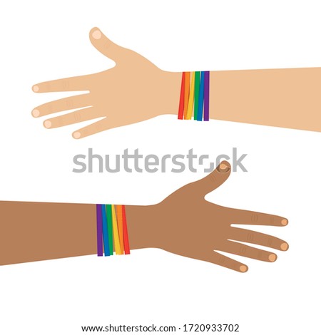 Hands of different colors with bracelets of LGBT colors. Symbol of freedom for LGBT movement. Multinationality of the LGBT movement. LGBT color bracelet on a hand on a white background. Vector.