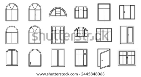 Vector set with windows for houses. Line icons windows for use in your design. Icons set of windows different types. Windows for the veranda.