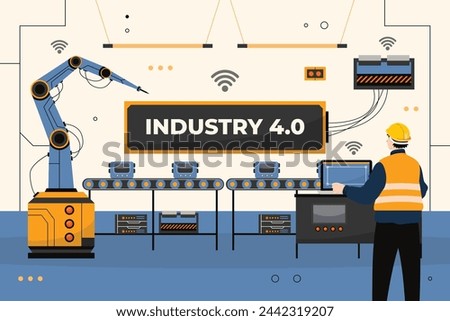 Industry 4.0 Background. fourth industrial revolution. smart industrial revolution, automation, robot assistants, iot, cloud and bigdata. Industry 4.0 banner.