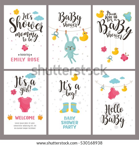 Baby shower posters set. Vector invitation with cute kids illustration. Baby arrival and shower collection with lettering.  ストックフォト © 